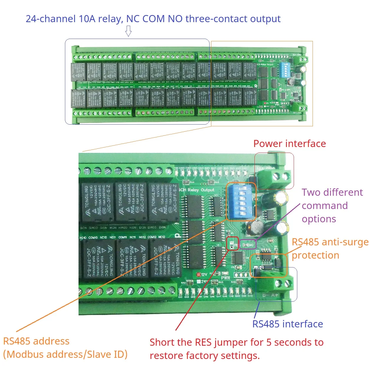 24CH RS485 Modbus RTU UART Relay IO Board 12/24V ON/OFF Momentary Delay Latch PLC Smart Home DIY Motor LED Control