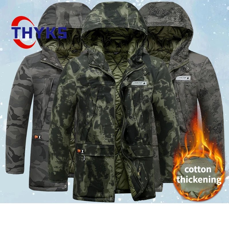 Thickened Hiking Jacket Men\'s Waterproof Wear-resistant Medium Length Work Clothes Warm Hooded Comfortable Loose Camouflage Top