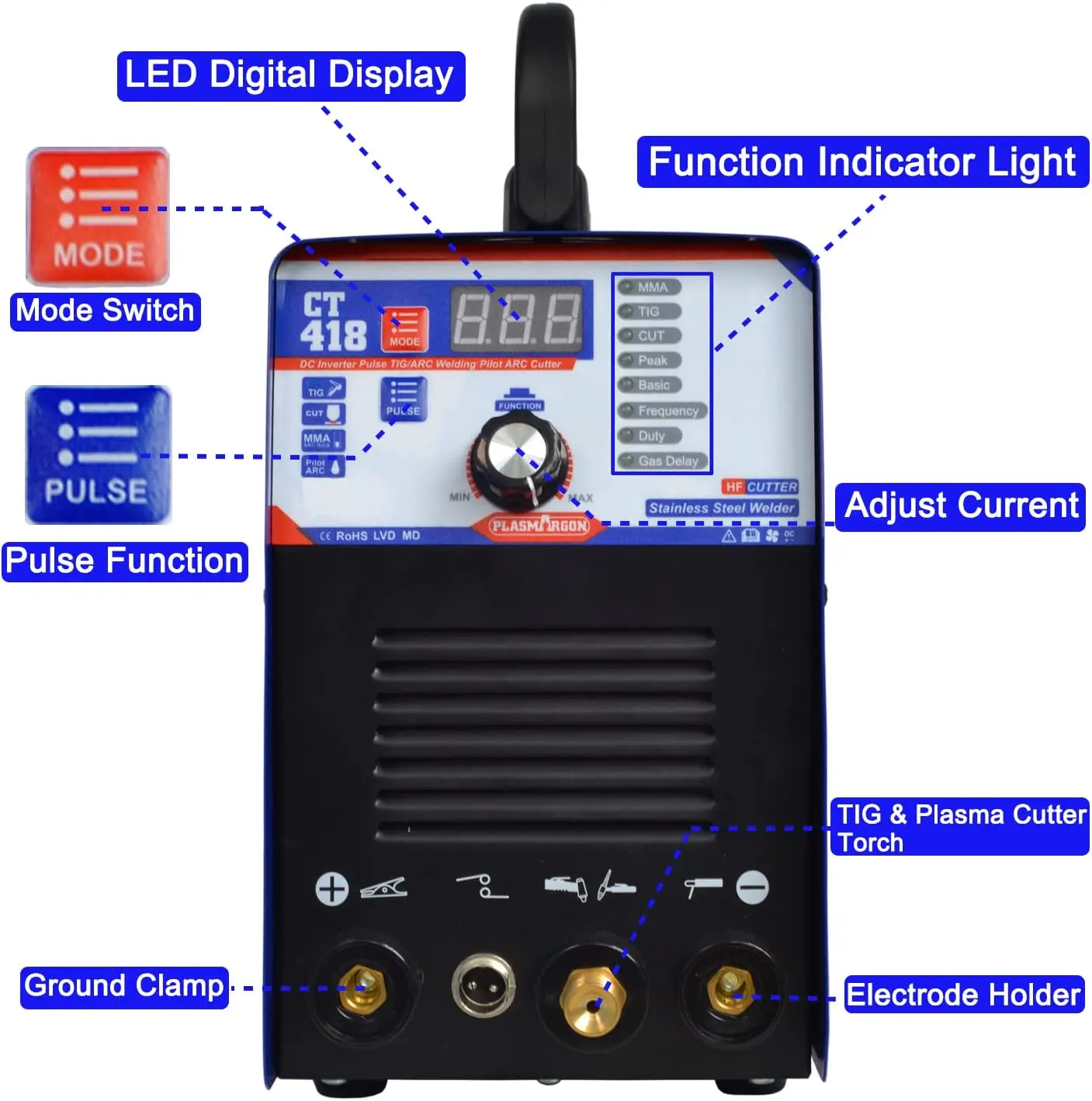 Plasmargon Plasma Cutter CT418 4 in 1 Interver Welding Machine MMA Tig Pulse Spot Welding Portable CNC Plasma Cutter for Metal