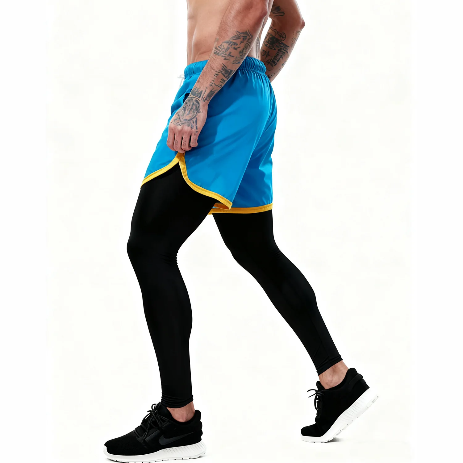 شورت جري للرجال مكون من قطعتين مع سراويل ضيقة مضغوطة للتمرين في صالة الألعاب الرياضية وتدريبات اللياقة البدنية وكرة السلة