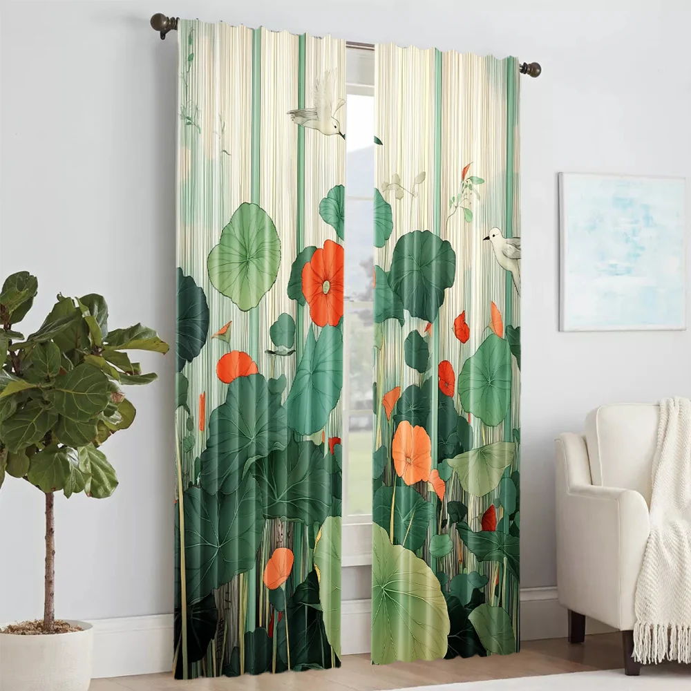 2Pcs Floral Leaf Print Curtains Rod Hole Design Polyester Perfect For Living Room Bedroom Kitchen Elegant Home Decor