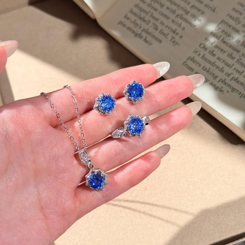 Octagonal Rose Cut Klein Blue Necklace Sea Blue High Carbon Zircon Earrings Octagonal Star Ring for Women Jewelry Set KOFSAC