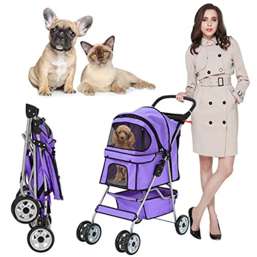 

Travel stroller for small/medium dogs cats, polyester fabric, purple, foldable with storage basket and 4 wheels