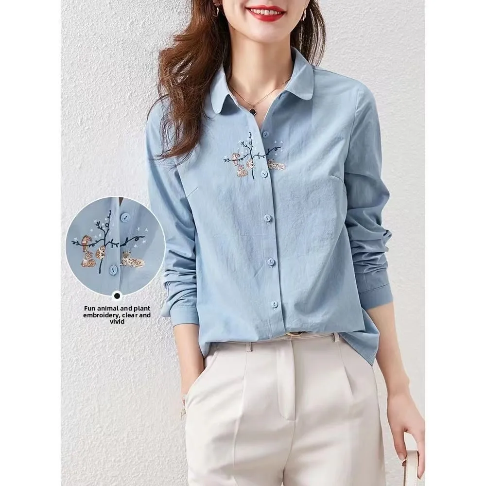 

Дышащий длинный женский воротник из чистого хлопка с цветочной вышивкой, простой исцеляющий синий цвет, воротник на пуговицах