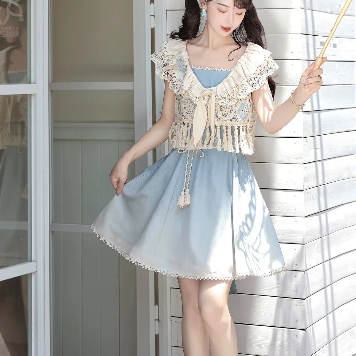 

Summer Solstice Sea Salt Vacation Hook Flower Hollow Sleeveless Tank Top Strap Dress Two Piece Short Lolita Girls Dress Set