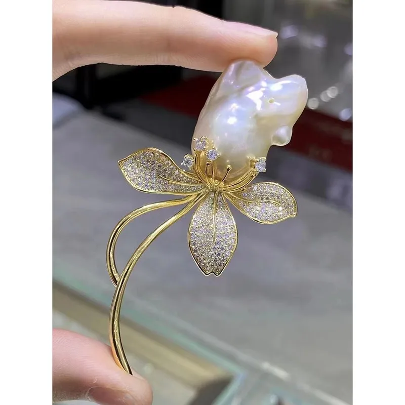 Lotus Design Leaf Breastpin Flower DIY Pearl Brooch Base Fittings Components(No Pearls)For Baroque/Round