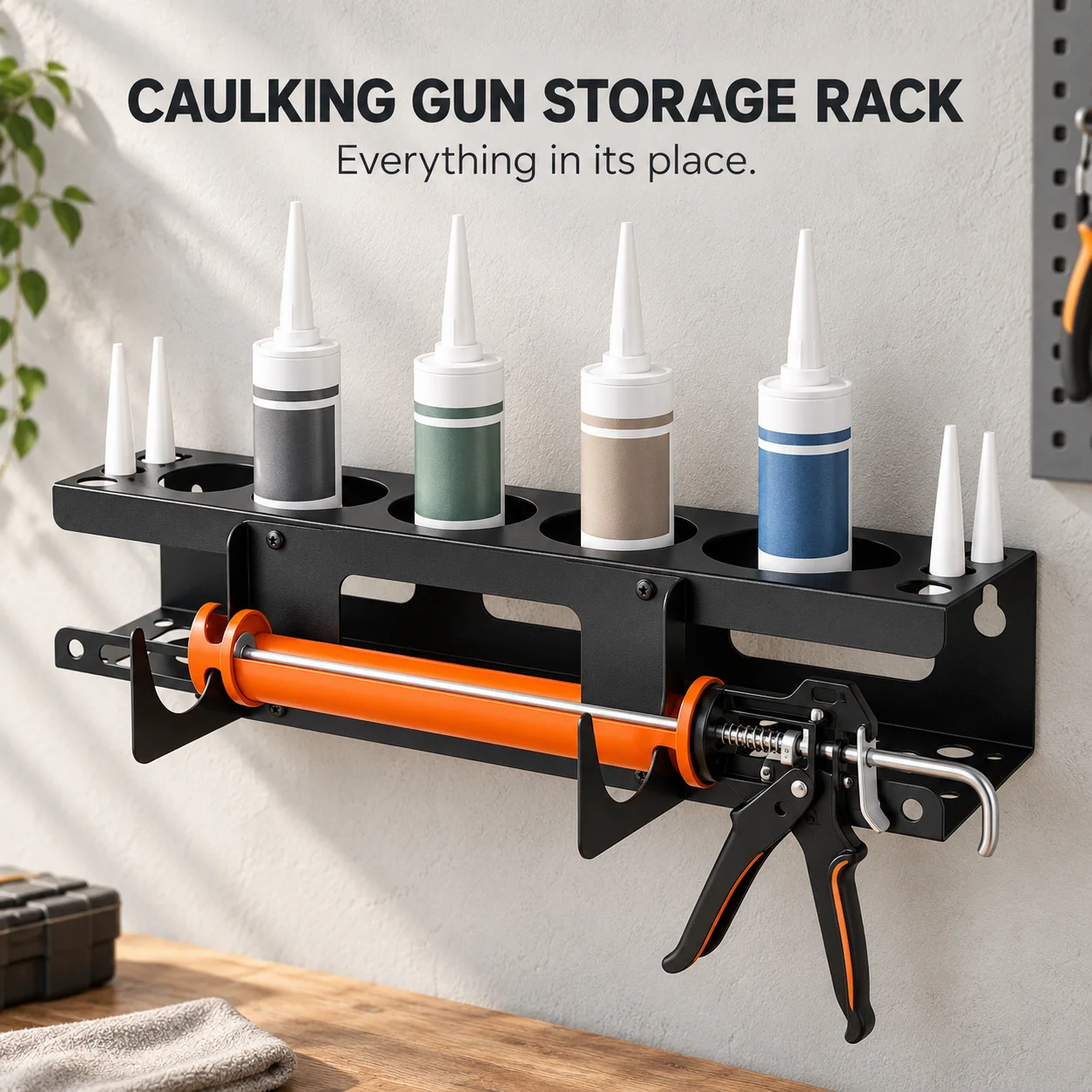 Pistola per stucco e supporto per tubetti, organizer per la conservazione dei tubetti di stucco e accessori per applicare lo stucco in silicone, da fissare a parete, ideale per officine e garage.