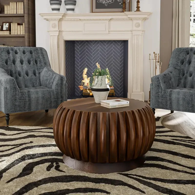 Modern Minimalist Fluted Drum Round Coffee Table, 26.37'' Circle Coffee Table Center Cocktail Tables for Living, Customized