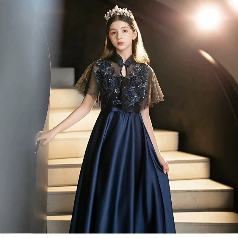 2026 New Chinese Vintage Navy Kids Guzheng Performance Dress Children Girls Piano Violin Orchestra Chorus Princess Gown Costume