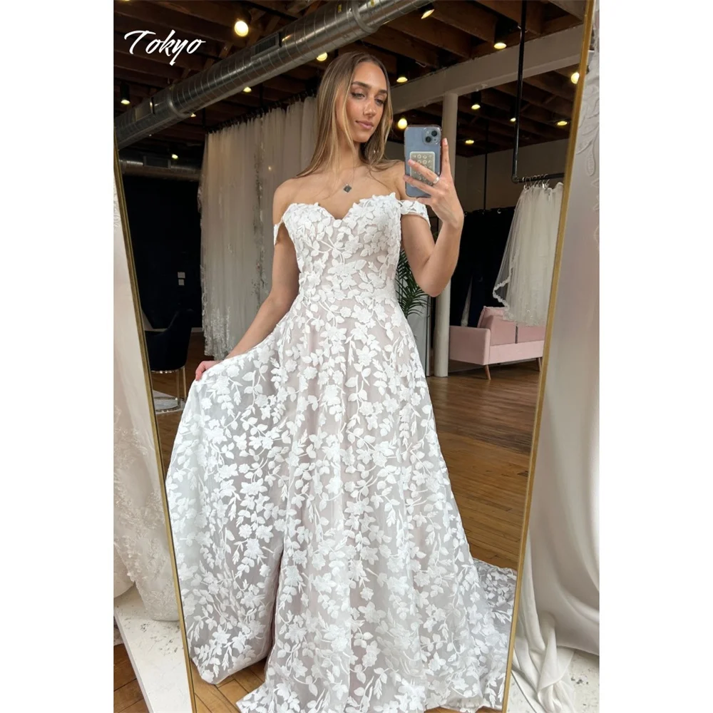 Tokyo Customized White A-Line Wedding Dress Off Shoulder Sleeveless Floor-Length Bridal Veil 2025 Side High Split Wedding Gown