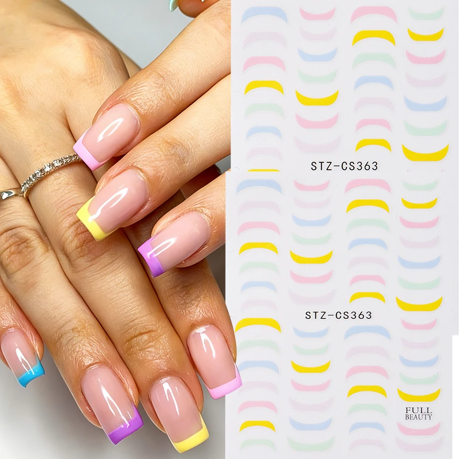 2pcs Colorful French Lines Nail Art Stickers Macaron Rainbow Colors Flat-top French Nail Decal Decoration DIY Manicure Supplies