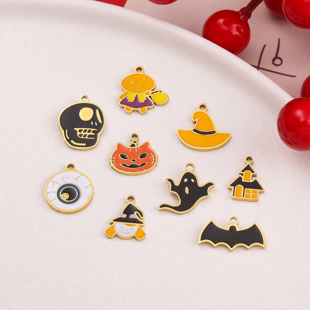 

1 шт., эмалированные подвески из нержавеющей стали с героями мультфильмов на Хэллоуин, тыква, скелет, призрак, летучая мышь, кошка, подвески для DIY, аксессуары для изготовления ювелирных изделий