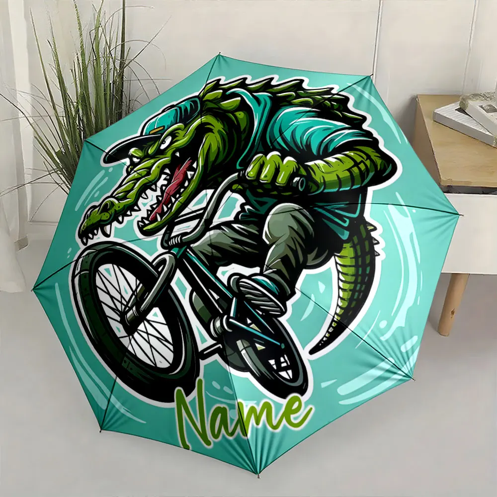 Custom Name Biking Crocodile Cartoon Umbrella Design Print 8 Iron Ribs Folding Umbrella, Auto-Open Fashion Sunshade