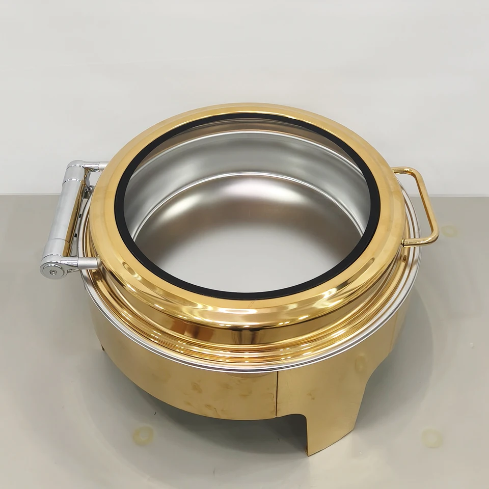 HT15522-R Golden Stainless Steel Round Buffet Stove Flat Cover Insulation for Commercial Kitchen Chafing Dishes
