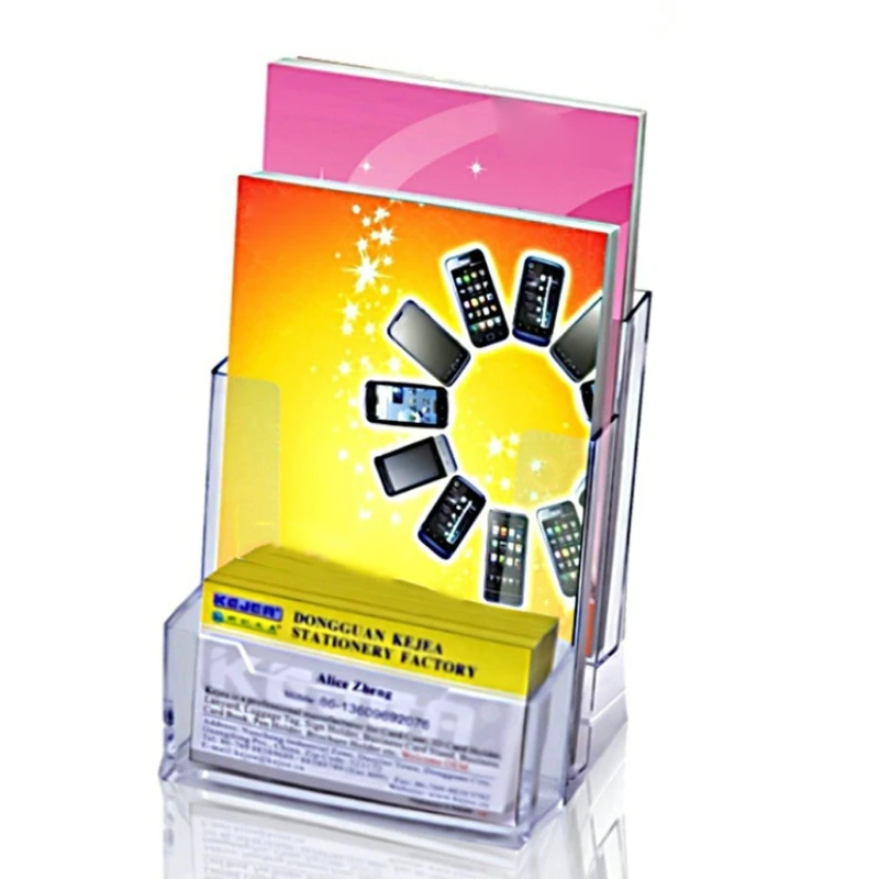 Soporte exhibición escritorio para folletos con soporte para tarjetas visita transparente 3 rejillas