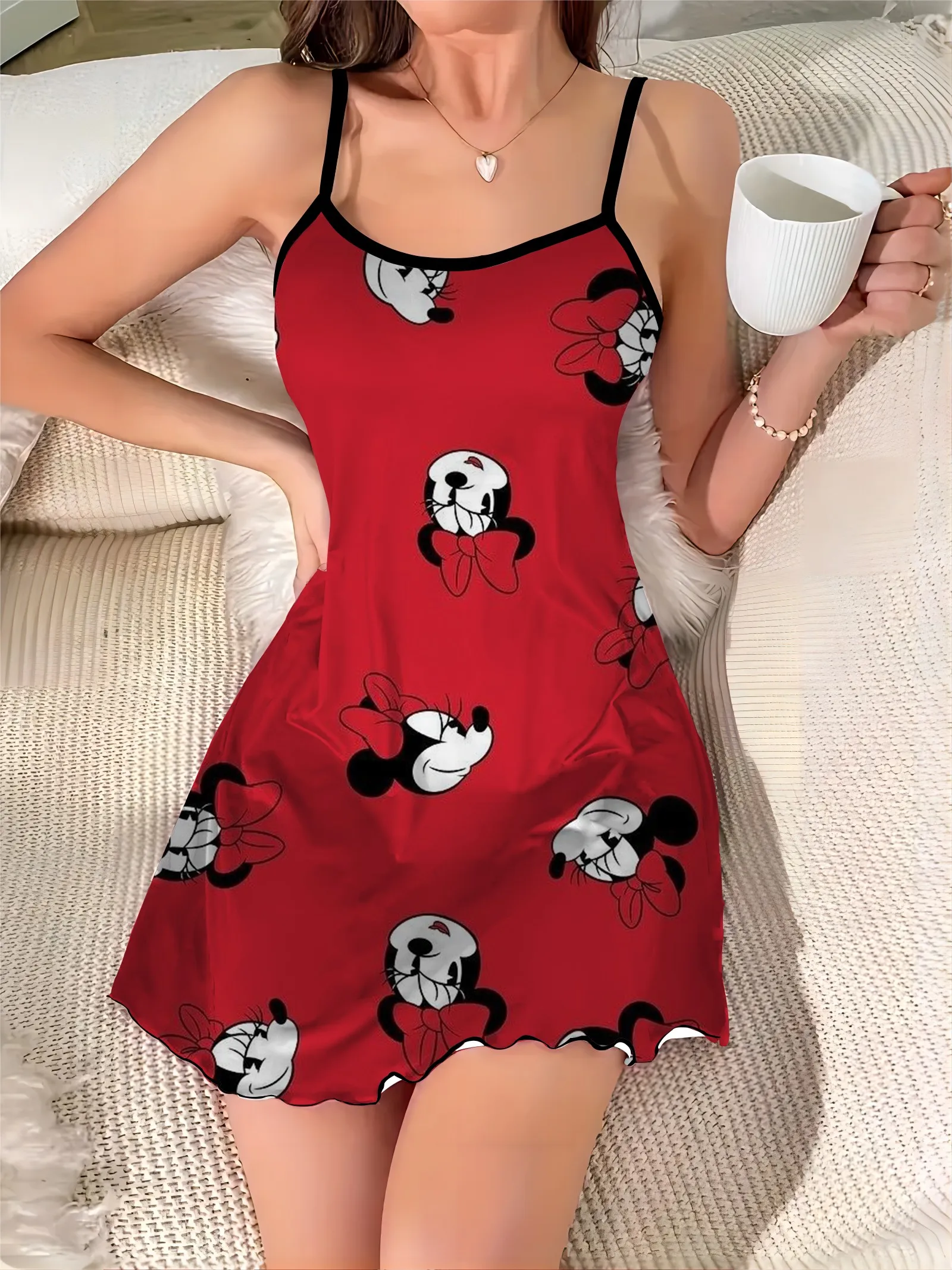 Elegant Chic Dress Lettuce Trim Crew Neck Minnie Mouse Pajama Skirt Disney Mickey Satin Surface Fashion Summer Dresses 2024 Mini