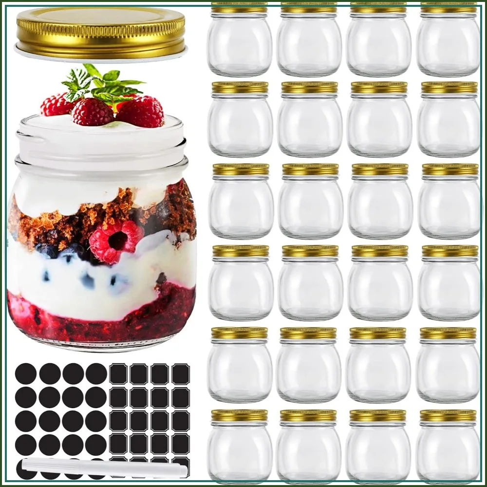 24 Pack 300ml Glass Mason Jars with Regular Mouth Lids, Perfect for Jam, Honey, Candies, Wedding Favors, Includes 1 Pen & 40 Labels