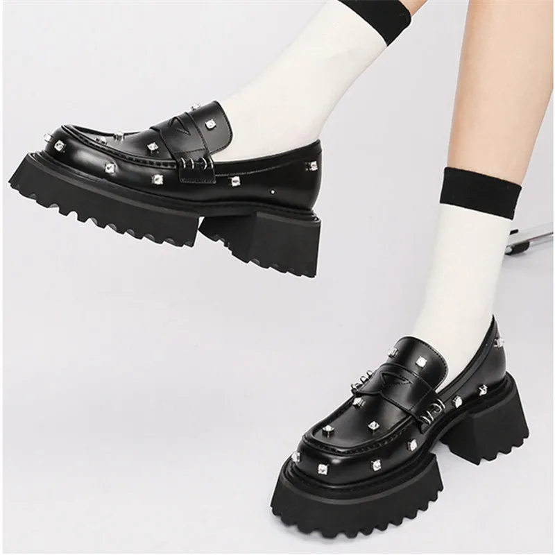 Crystal Decor Women Pumps Black Heels Thick Sole Platform Shoes Slip-on Loafers Leather Dress Shoes Creepers Casual Espadrilles