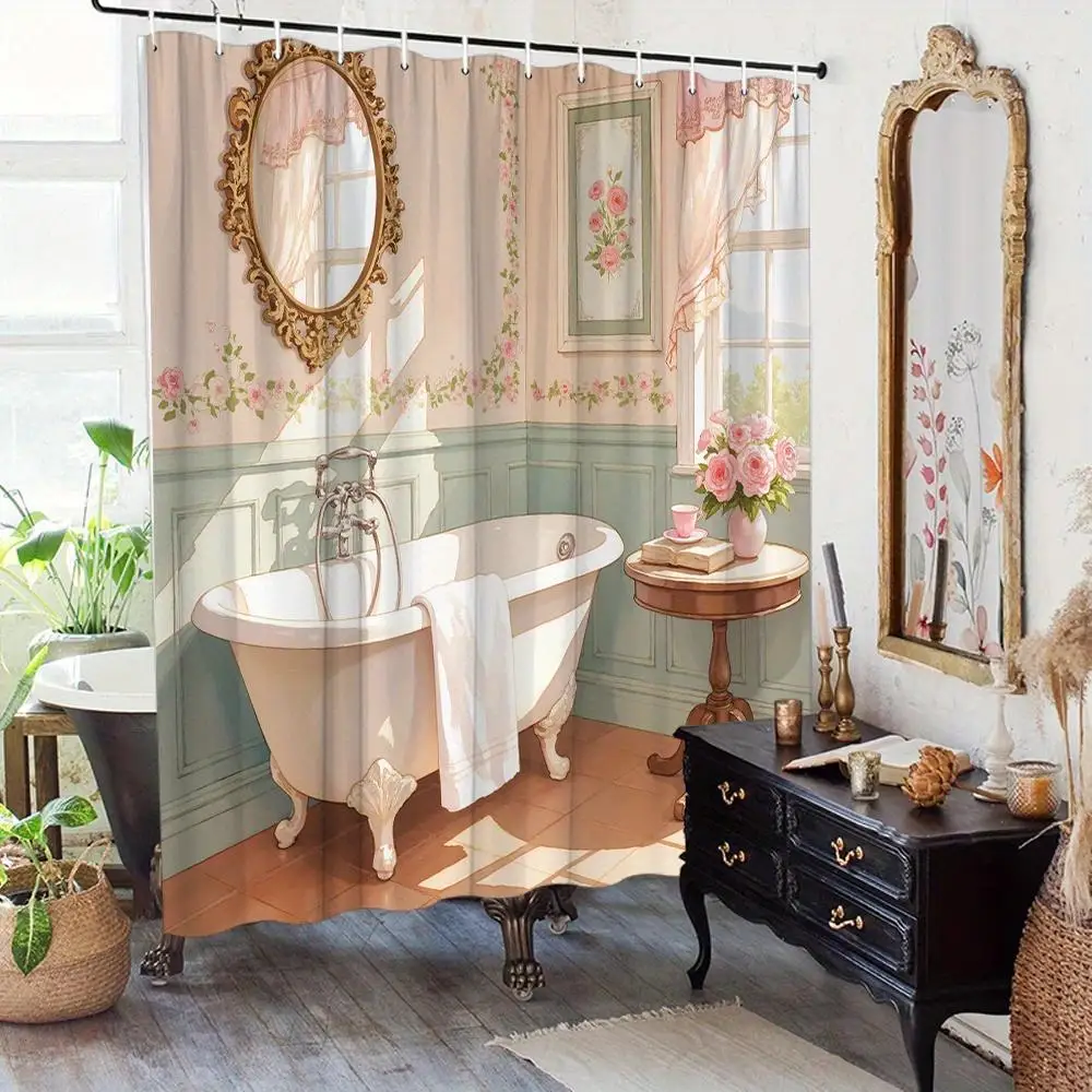 

Elegant Vintage Floral Print Shower Curtain Cottagecore Bathroom Decor Pastel Pink Roman Bath Tub Curtain Waterproof Linens