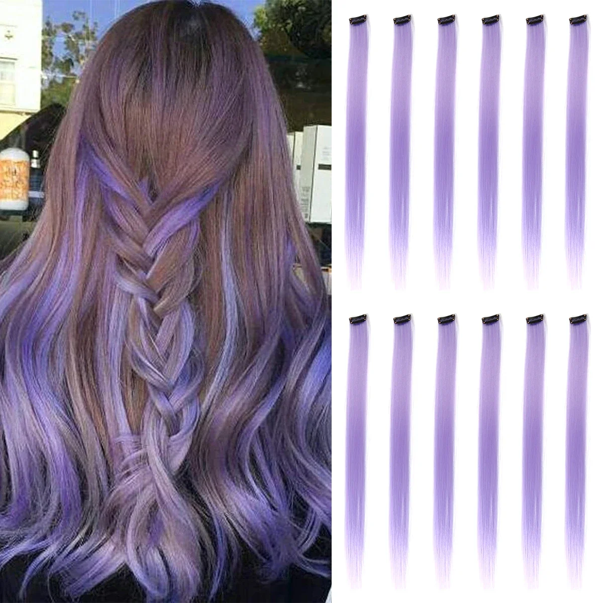 

Цветные наращивания волос, сиреневый цвет, заколка для наращивания волос, 12 шт., яркие красочные волосы, прямые синтетические шиньоны