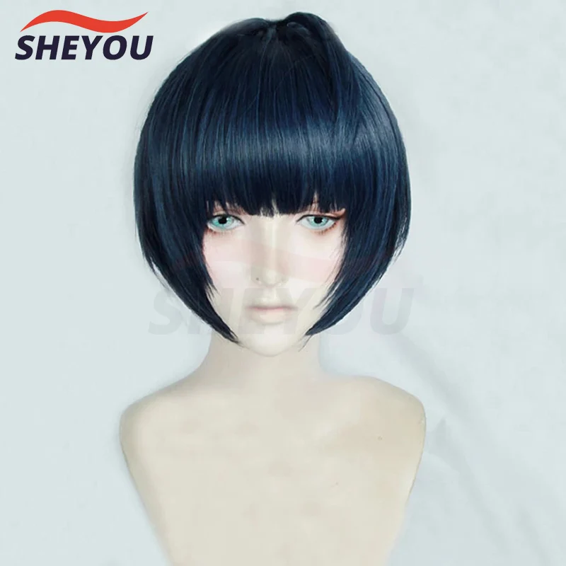 P5 persona 5 tae takemi curto azul preto misturado resistente ao calor do cabelo cosplay peruca traje + peruca boné