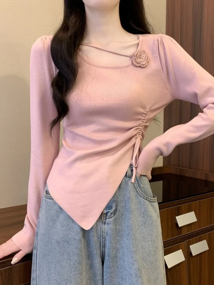 

Slim Fit Long Sve Knitted Sweater Women's Base Layer Dstring Top Autumn Winter Inner Wear Flower ort Sle Commute