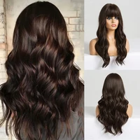 EASIHAIR Pelucas largas de color marrón oscuro para mujer con flequillo Pelucas sintéticas resistentes al calor con ondas de agua para mujer Peluca de pelo afroamericano