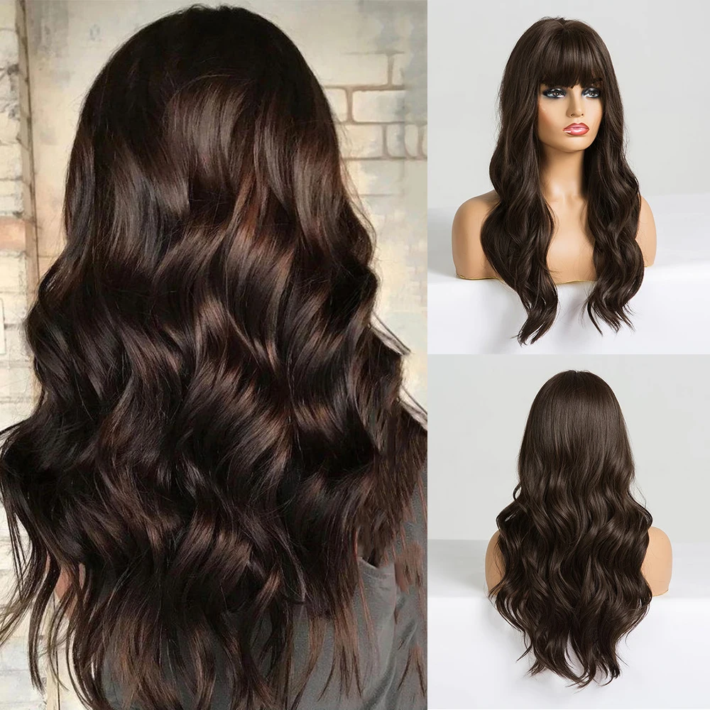 EASIHAIR Long Dark Brown Women's Wigs with Bangs Water Wave Heat Resistant Synthetic Wigs for Women African American Hair Wig