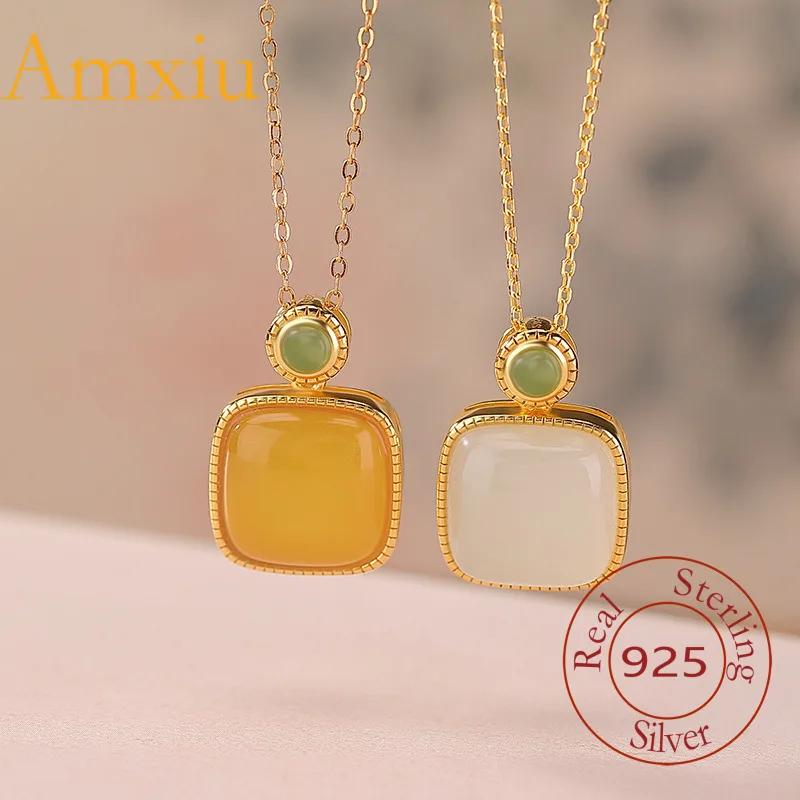 

Amxiu, стерлинговое серебро 925, нефрит Hetian, яшма, янтарь, новый китайский стиль, простой универсальный квадратный женский кулон, ювелирные изделия