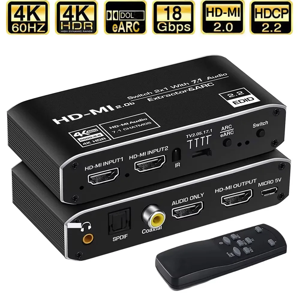 

1-5 шт. 2x1 4K 120 Гц HDMI-совместимый переключатель eARC аудио экстрактор ARC и оптический Toslink HDMI-совместимый2.0 переключатель пульт дистанционного управления для телевизора PS4