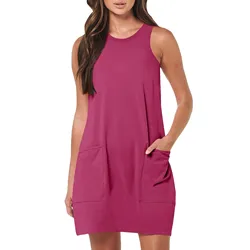 Summer Casual Solid Colour Vintage Sleeveless Round Neck Sundress With Pockets For Women Short Beach Vacation Tank Dresses