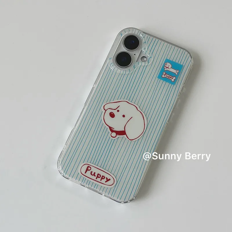 Korean Blue Striped Simple Pen Cute Dog Puppy Phone Case For iPhone 17 Air 16 15 14 13 12 11 Pro Max Plus Y2K Cover Ins Advanced