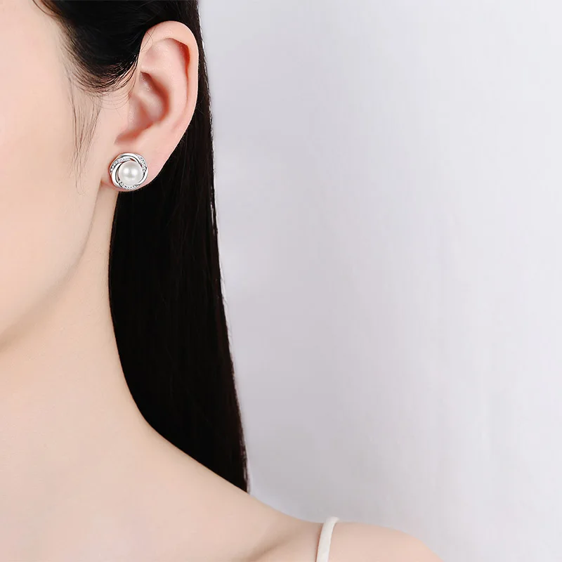 925 Sterling Silver Female Moissanite Stone Freshwater 8mm Pearl Earrings and Ear Accessories