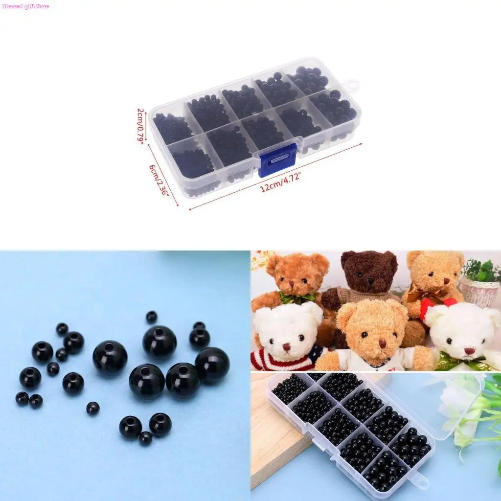 D0JC 1380Pcs 3mm/4mm/5mm/6mm/8mm DIY for Doll Puppet Plastic Black Eyes Sewing Beads