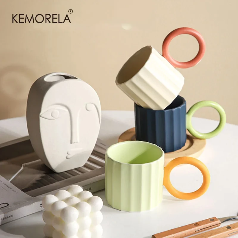 1Pc Nordic Round Handle Ceramic Coffee Mug for Coffee Tea Milk Water Couple Mug Microwave Safe Creative Birthday Gift Coffee Cup
