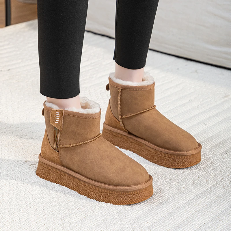 

Women Winter Keep Warm Fur Cotton Shoes Thick Plush Platform Snow Boots Woman Faux Suede Slip-On Ankle Botas Padded Shoes