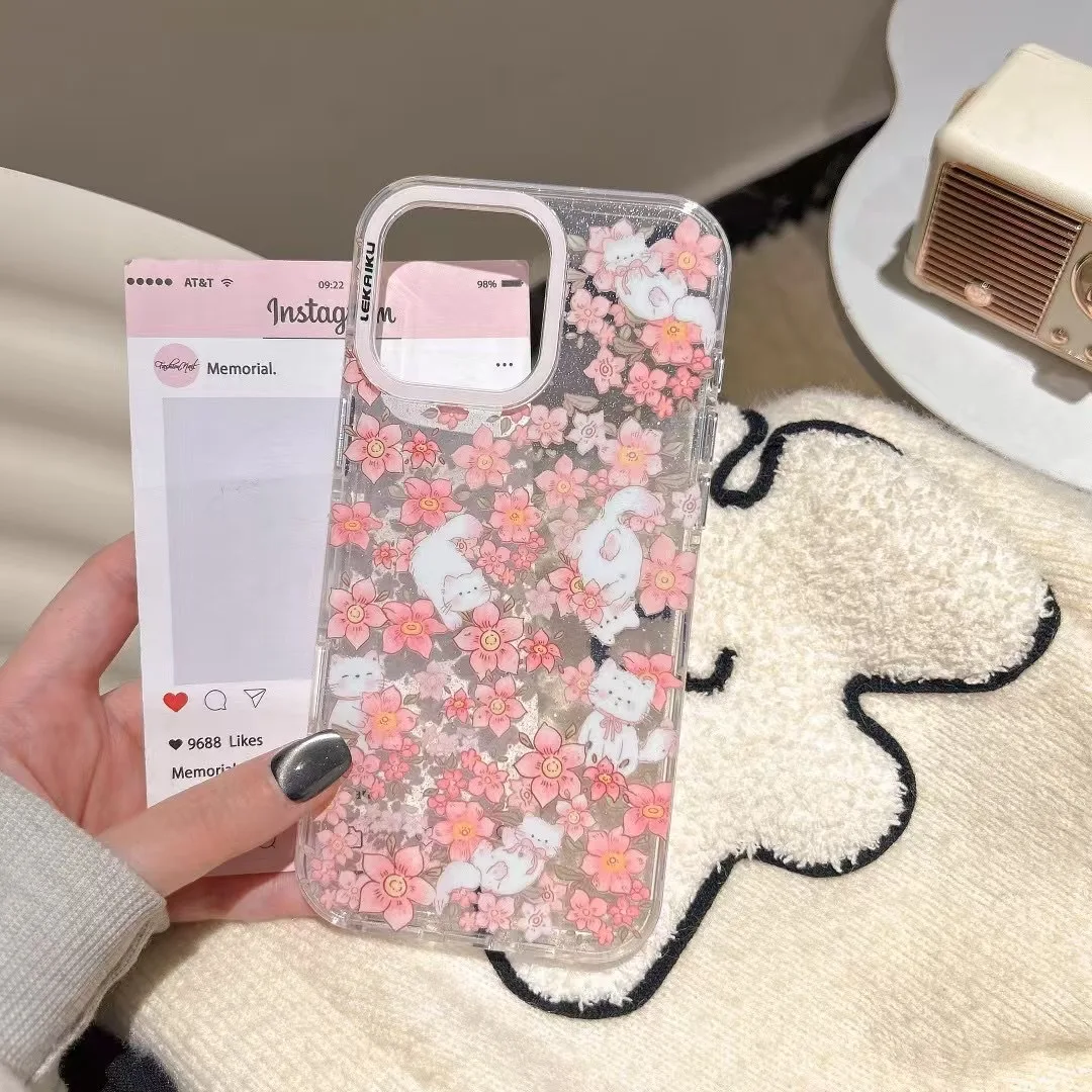 ساكورا الوردي الزهور زهر الكرز هريرة بريق الفن جراب هاتف آيفون 16 15 14 13 برو ماكس حافظة لطيف الحلو الكرتون غطاء