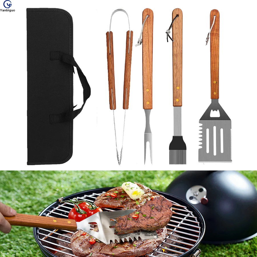 

Stainless Steel BBQ Tool Set with Solid Hard Wood Handles, Set of 4 for Cooking, Backyard Barbecue & Outdoor Camping