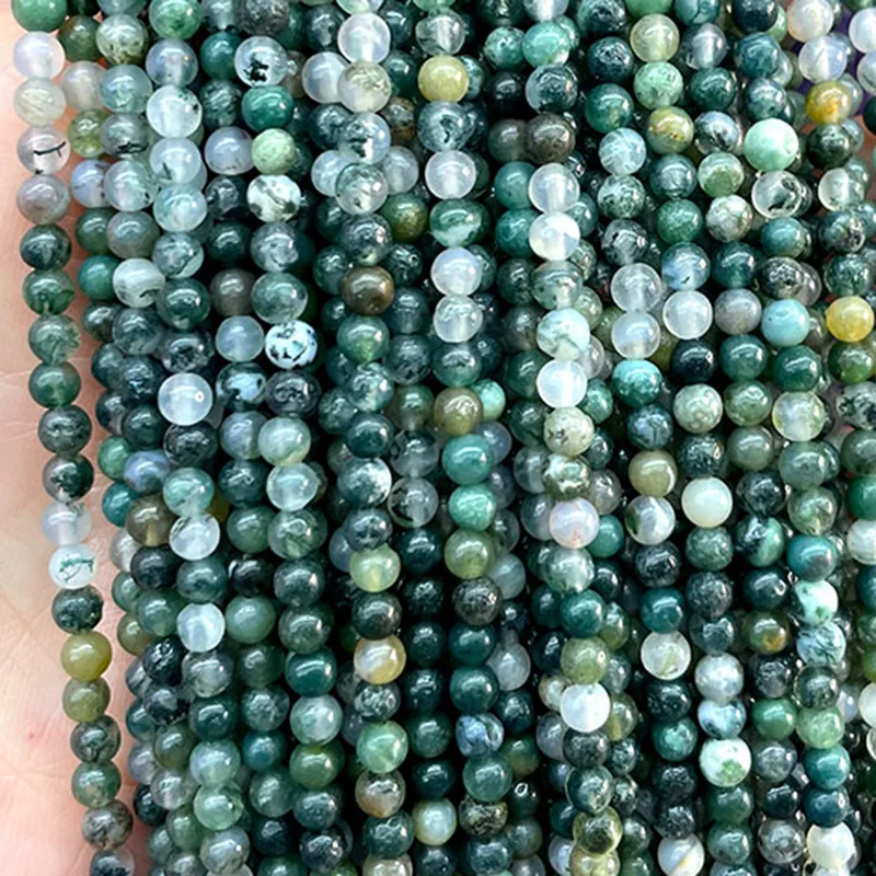 Natural Stone Beads 2 3 4MM Aquatic Green Moss Agate Round Loose Spacer Bead for Jewelry Making DIY Bracelet Necklace Charm 15''