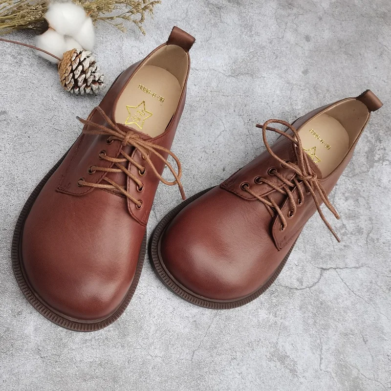 Autumn Japanese retro big nose loose single shoes genuine leather handmade cowhide flat women's leather shoes British style