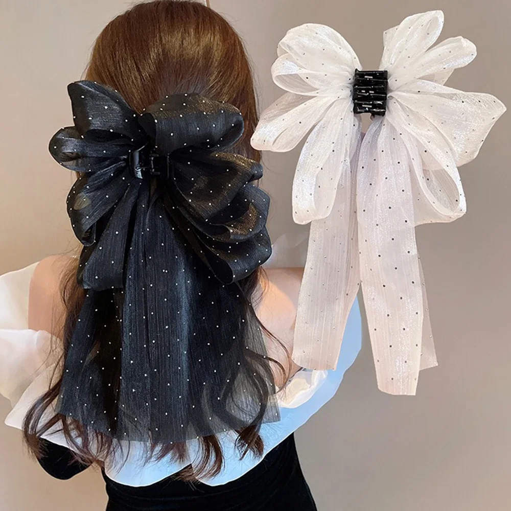 Pinza de pelo con lazo de malla grande para mujer, horquilla Simple, dulce y elegante, pinza de cangrejo para cola de caballo, cinta antideslizante,