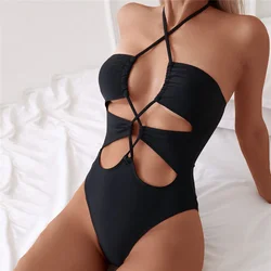 Sexy Zwarte String Halter Hollow Out Badmode Eendelig Badpak Vrouwen 2025, Uitgesneden Monokini Badpak Hoge Cut Zwemkleding