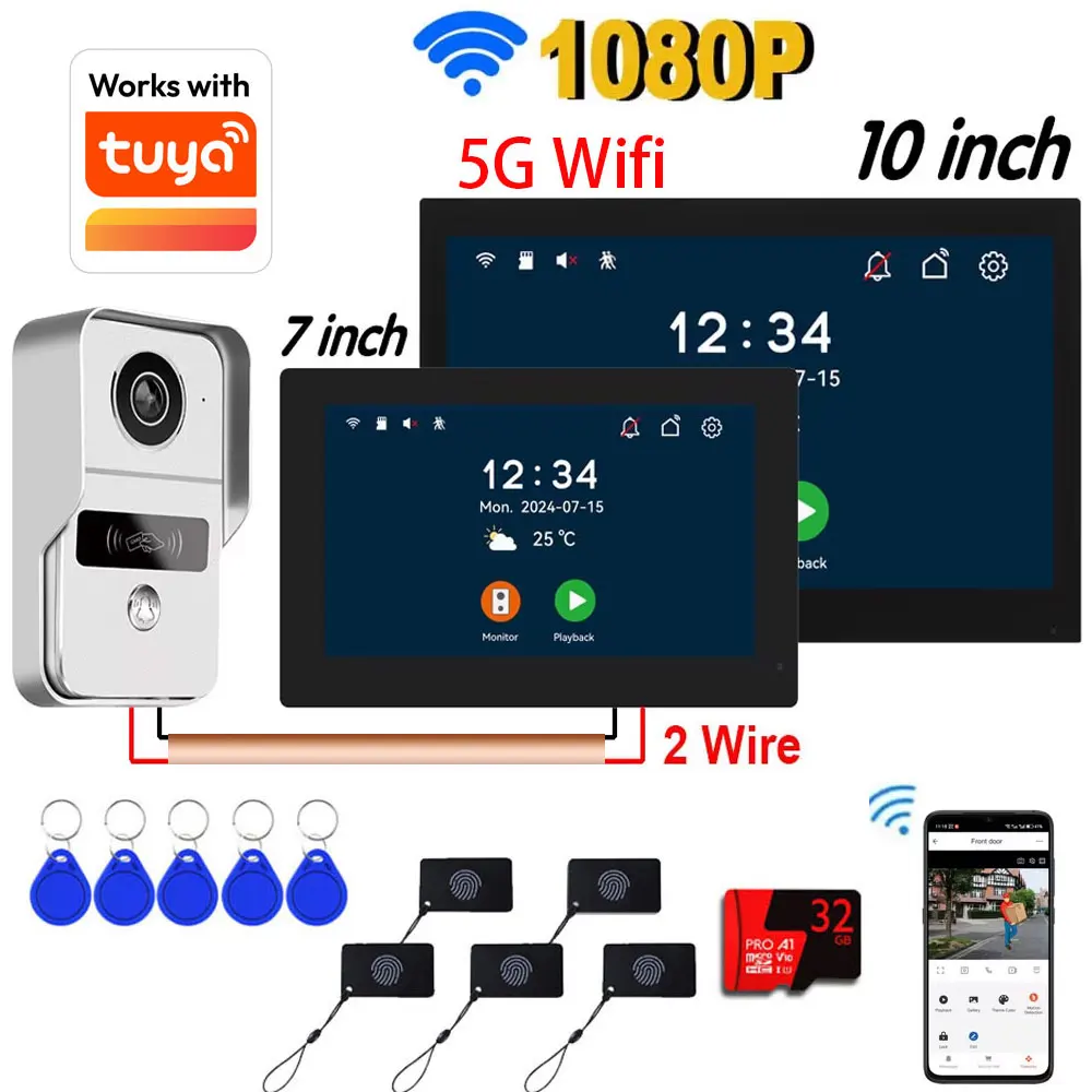 Système d'interphone vidéo HD 1080P à 2 fils, moniteur tactile 7/10 pouces, interphone WiFi, sonnette de porte, application Tuya Smart Life