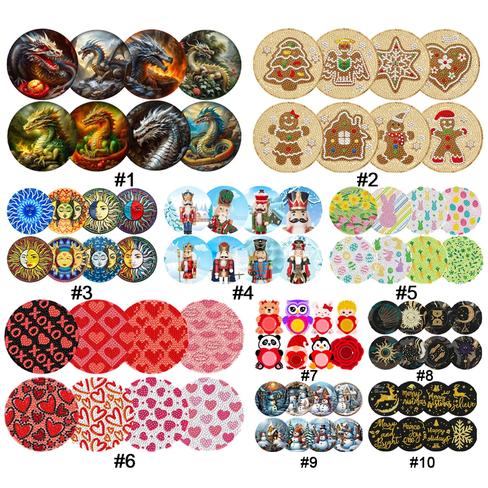 ชุดจานรองแก้วเพชร 8 ชิ้น ชุดอุปกรณ์วาดภาพเพชรรูปคนขนมปังขิง จานรองแก้วไม้ DIY สำหรับโต๊ะกาแฟ บาร์ แก้วมัค แก้วเบียร์