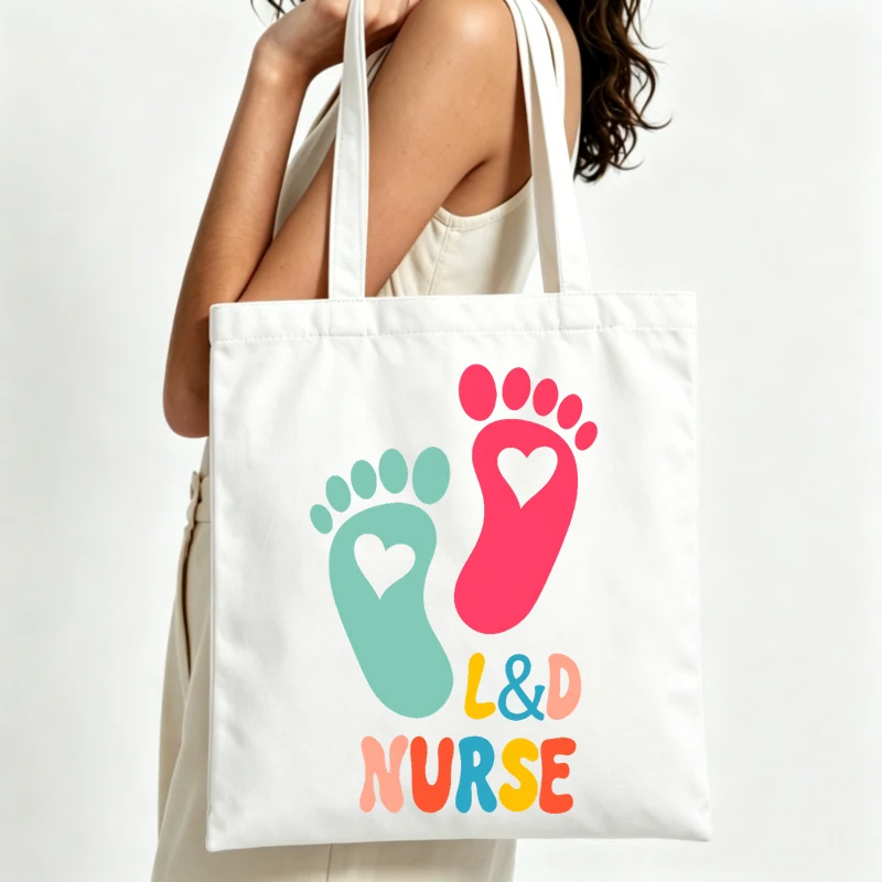 footprints and heart letter print canvas tote bag, casual style for daily shopping and nurse work