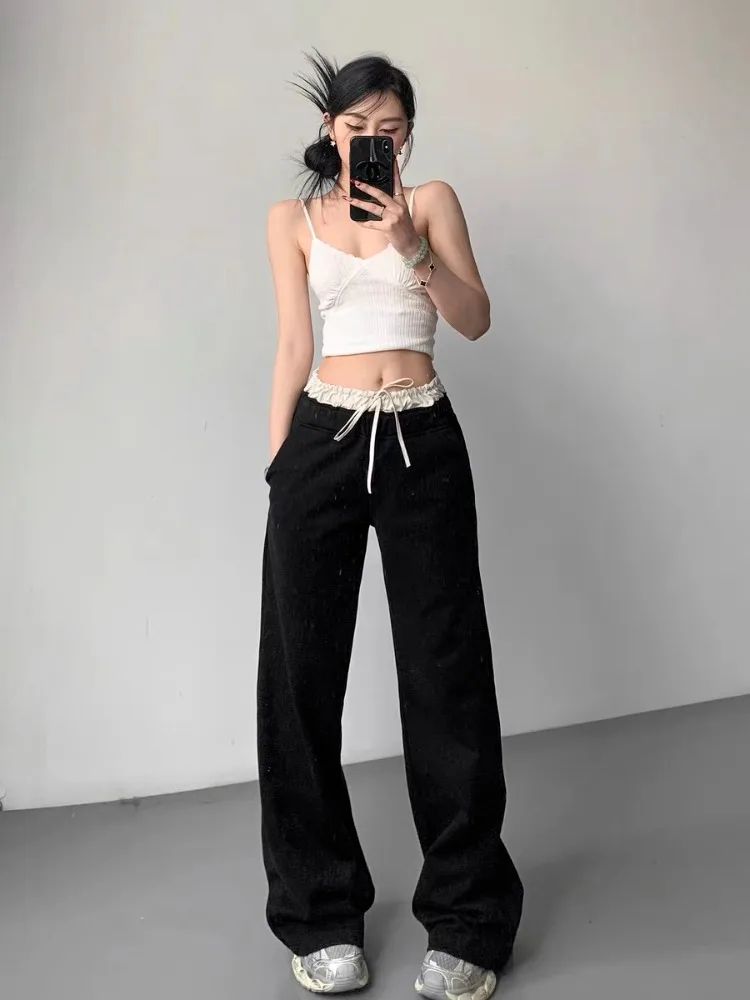 Houzhou Casual Black Y 2K Vrouwen Broek Baggy Coquette Koreaanse Zoete Preppy Stijl Patchwork Wijde Pijpen Broek Vintage Rechte Broek