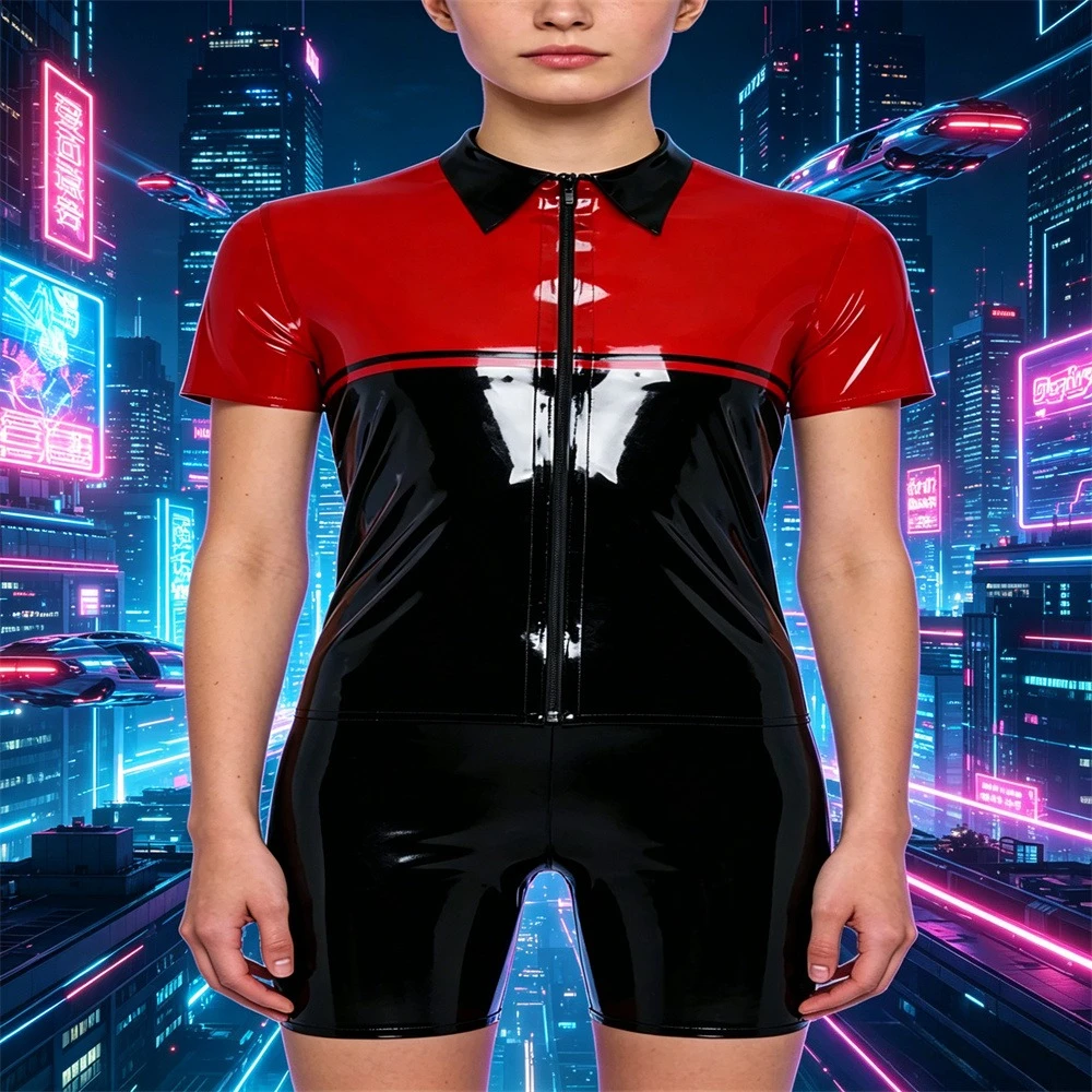 

Short Sleeves Black and Red Natural Latex Man Polo Shirt Turn Down Collar Customized T‑Shirt