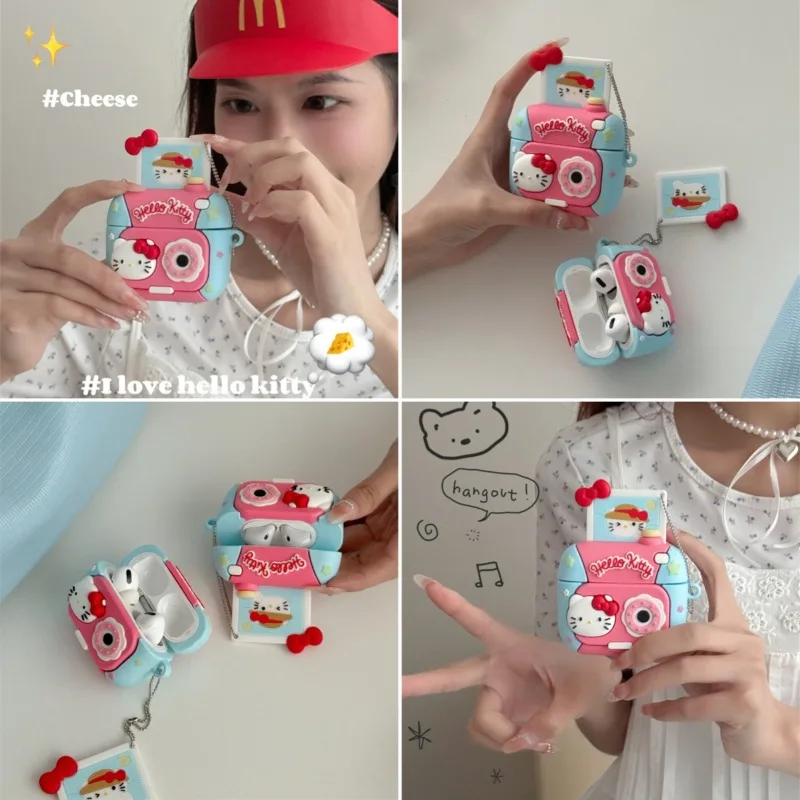 سانريو مرحبا كيتي ل AirPods 4 3 2 1 Pro Pro2 حقيبة سماعة الاذن واقية شل شكل الكاميرا AirPods حافظة ملحق مع قلادة