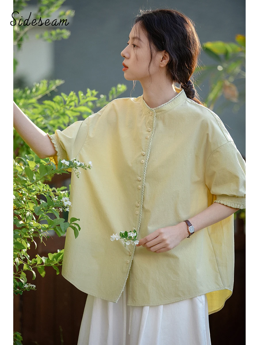 

Yellow Short Sleeve Pure Cotton round Neck Women's Shirt Floral Trim Original Design Summer Breathable Comfortable