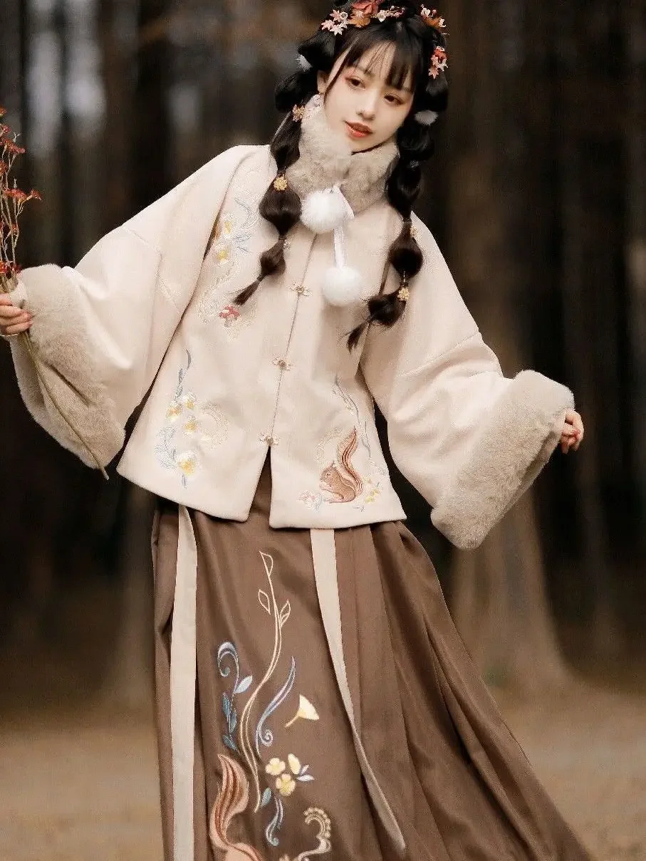 Hanfu ชุดกระโปรงหางม้าสไตล์2023ครึ่งแขนเสื้อสี่เหลี่ยมสไตล์จีนดั้งเดิมฤดูใบไม้ร่วงและฤดูหนาว